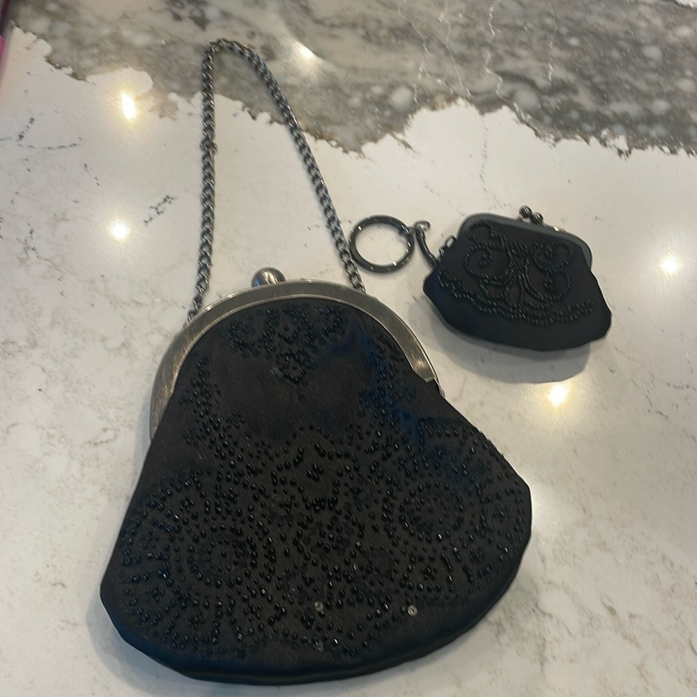 Ann Taylor Loft Satin Beaded/Sequin Evening Wrist Bag Black/Silver